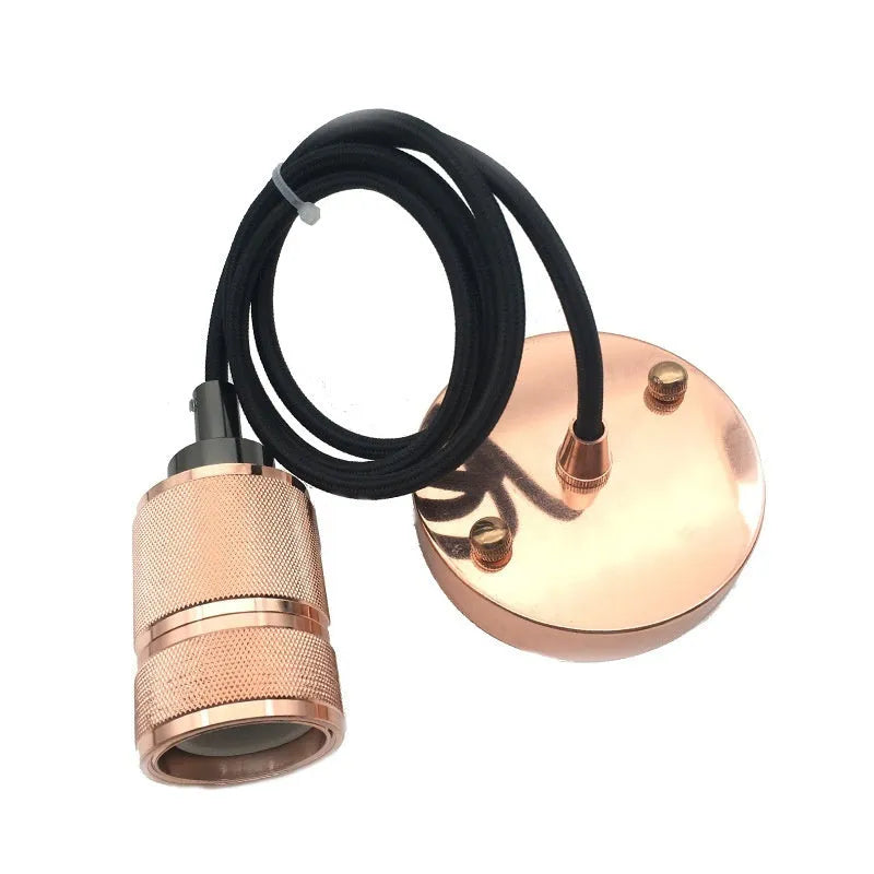 DIY retro chandelier assembly kit with metal lamp holder and braided power cord in chrome, gold, rose gold, and black.