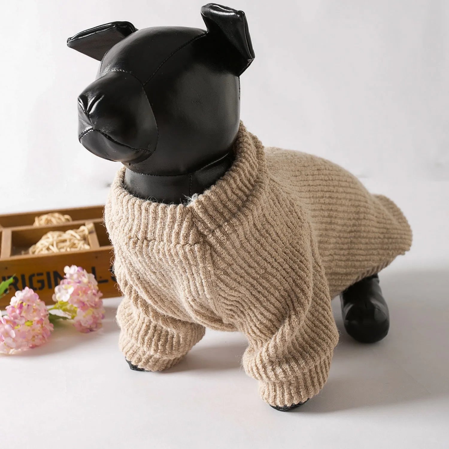 Brown knit dog sweater pullover for small breeds in sizes from XS to XL