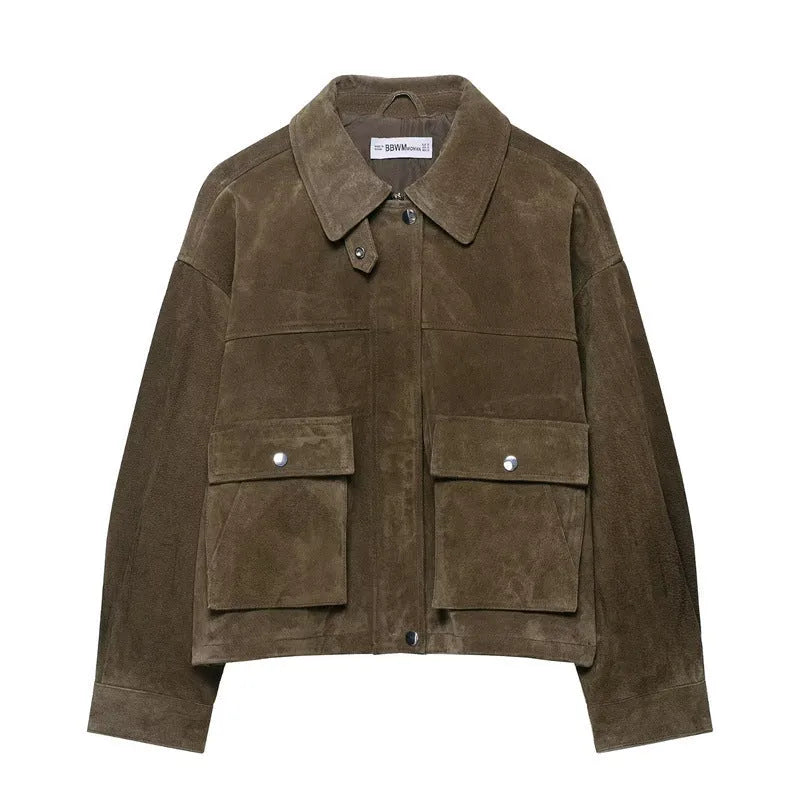 Women's PU jacket in picture colour with Japanese Korean casual style on a model.