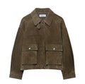 Women's PU jacket in picture colour with Japanese Korean casual style on a model.