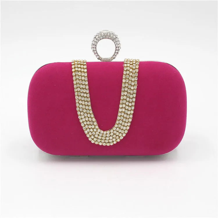 Small velvet clutch evening bag with rhinestones, lock closure, and detachable handle in black