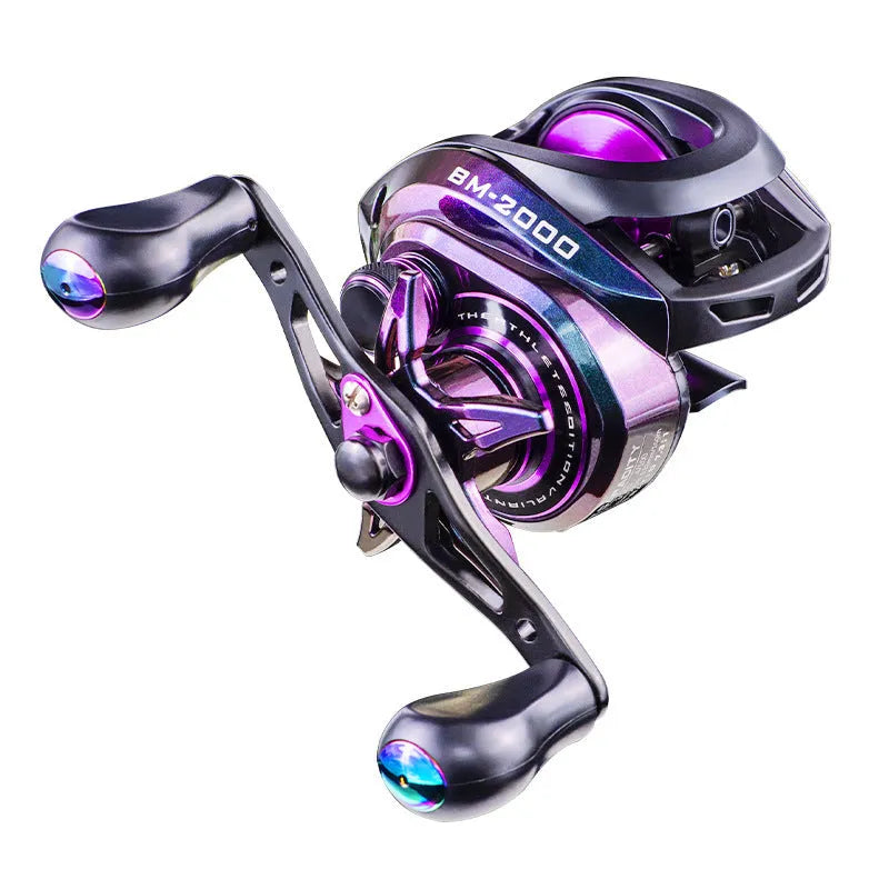 BM2000 graphite fishing reel with magnetic brake, shown in water drop design