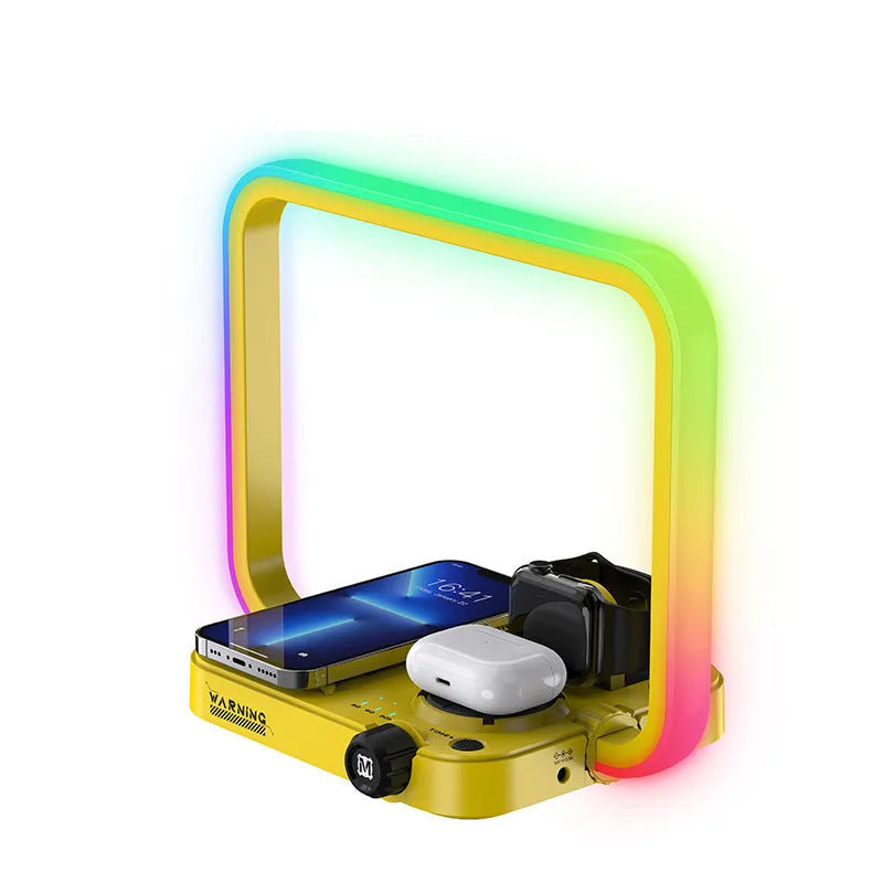 Three-in-one wireless charger with smart night lamp, geometric stereo design, US standard plug