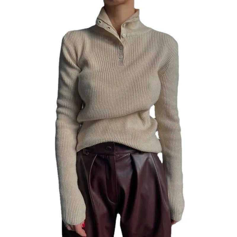 Retro breast half turtleneck pullover sweater slim fit silver gray core-spun yarn cotton lined