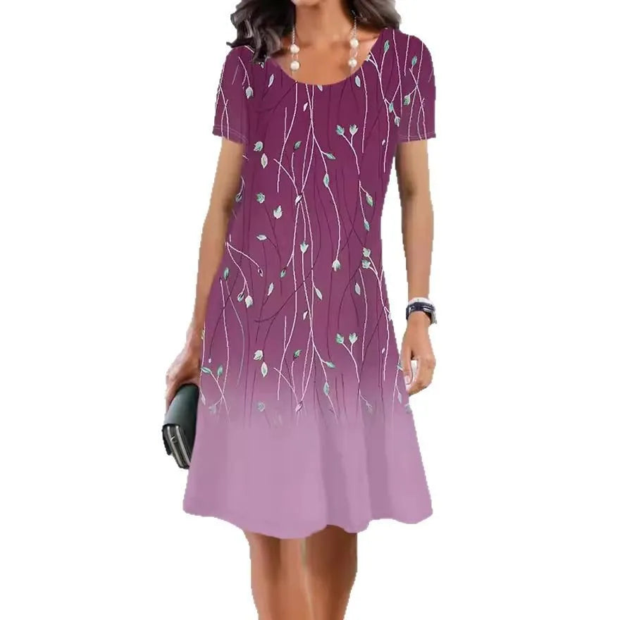 Light blue floral print A-line summer dress with short sleeves and round neck.