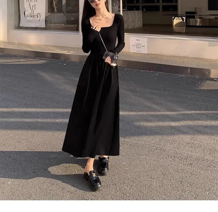 Black or grey square collar knitted dress with elastic waist and long A-line skirt