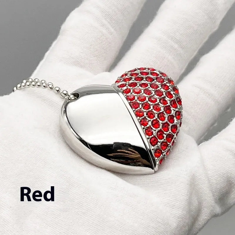 Heart-shaped brick pattern metal USB flash drive shown in multiple colour options.