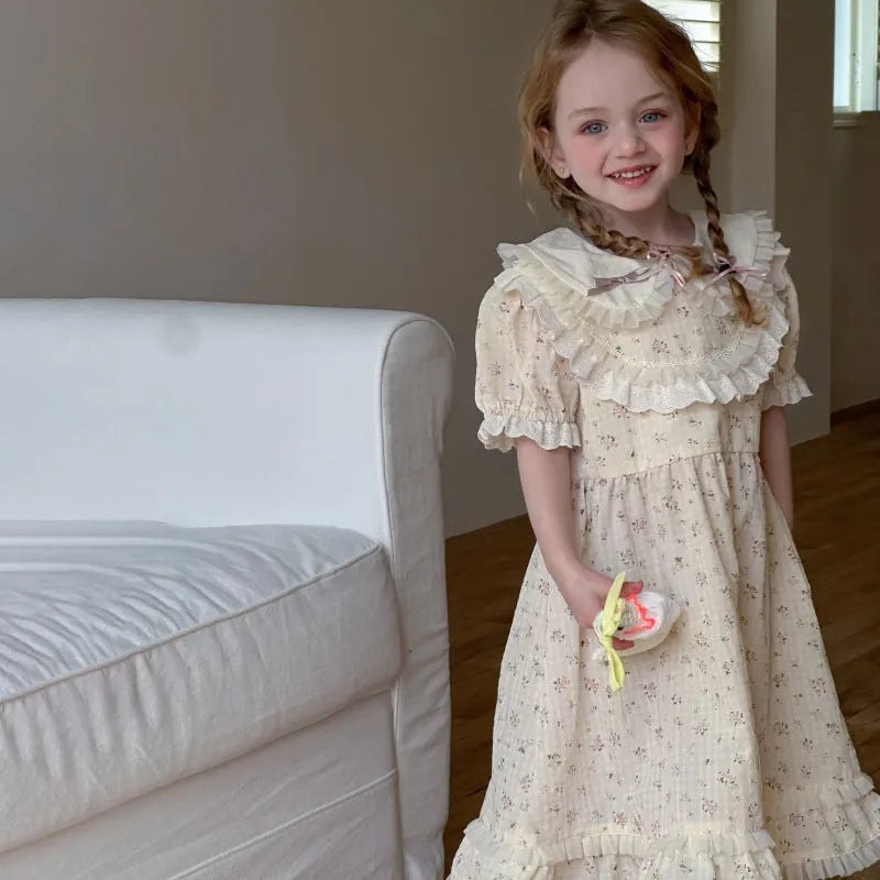 Beige cotton floral dress with lace trim and short sleeves for girls height 90-130cm