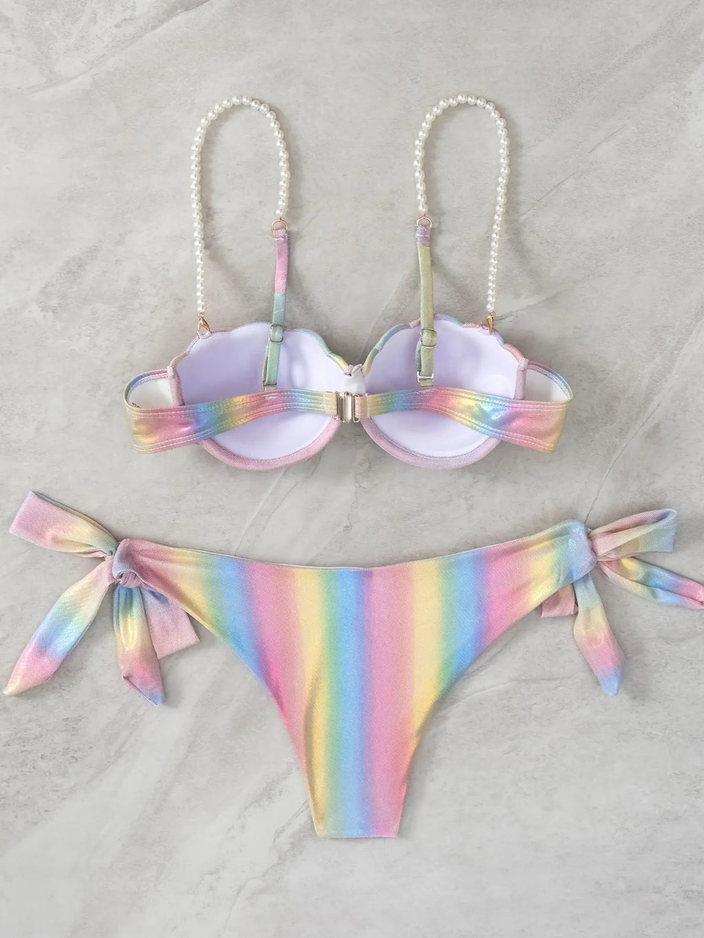Women's shell rainbow bikini split swimsuit with adjustable side ties in polyester fabric