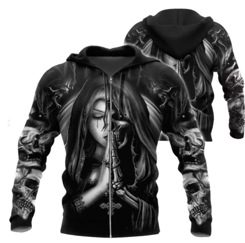 Hooded casual sweatshirt with 3D Halloween skull anime graphic print in long sleeve design