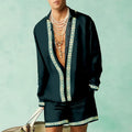 Men's grey polyester summer shirt and shorts co-ord set with slim fit and long sleeves