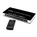 Black HDMI switch with four inputs one output, remote control and 10 metre cable for multi-source connectivity