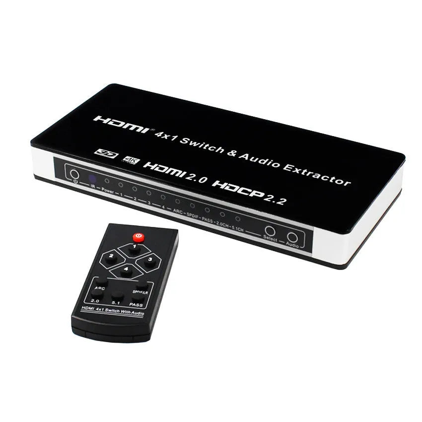 Black HDMI switch with four inputs one output, remote control and 10 metre cable for multi-source connectivity