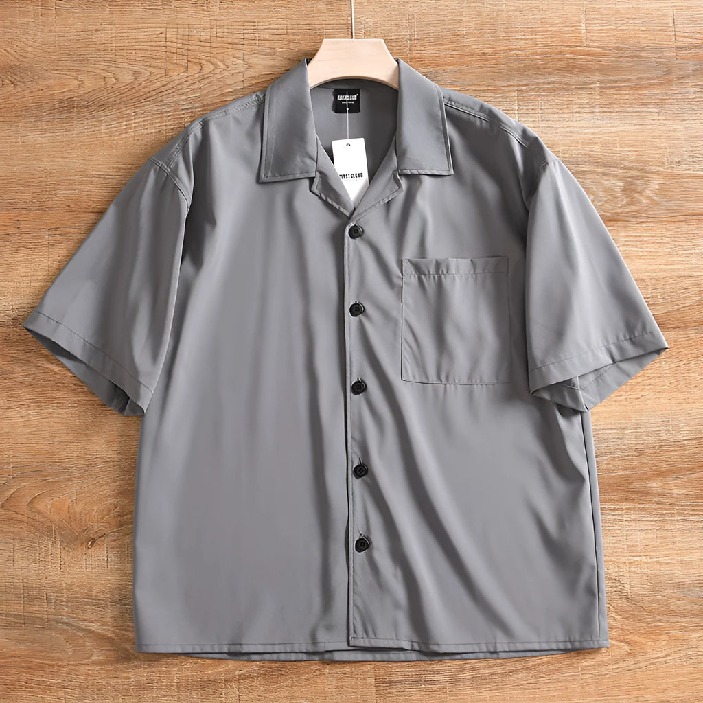 Men's loose fit short sleeve cotton shirt in grey colour with cardigan style for summer casual wear