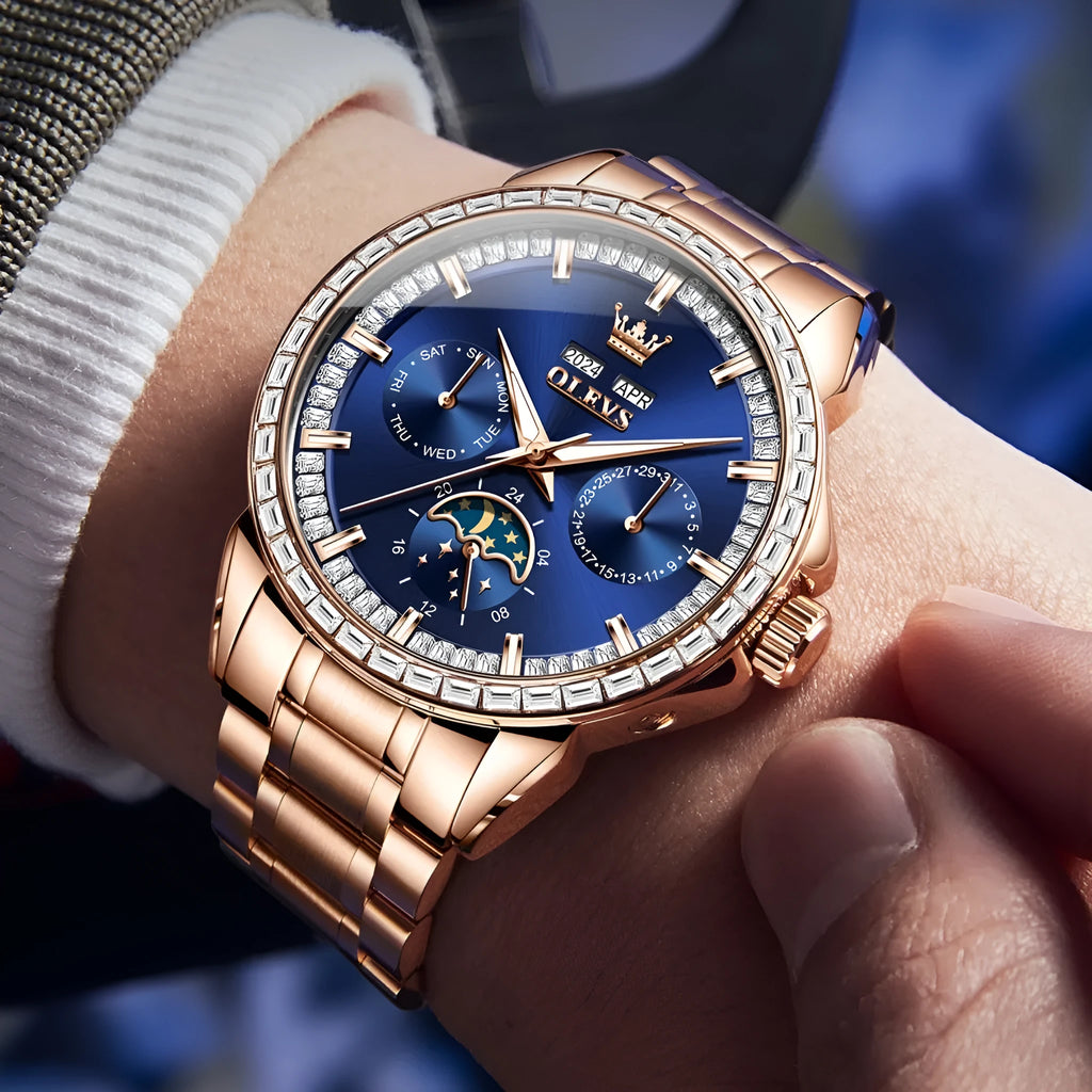Men's automatic mechanical watch with stainless steel bracelet and transparent case back showing movement