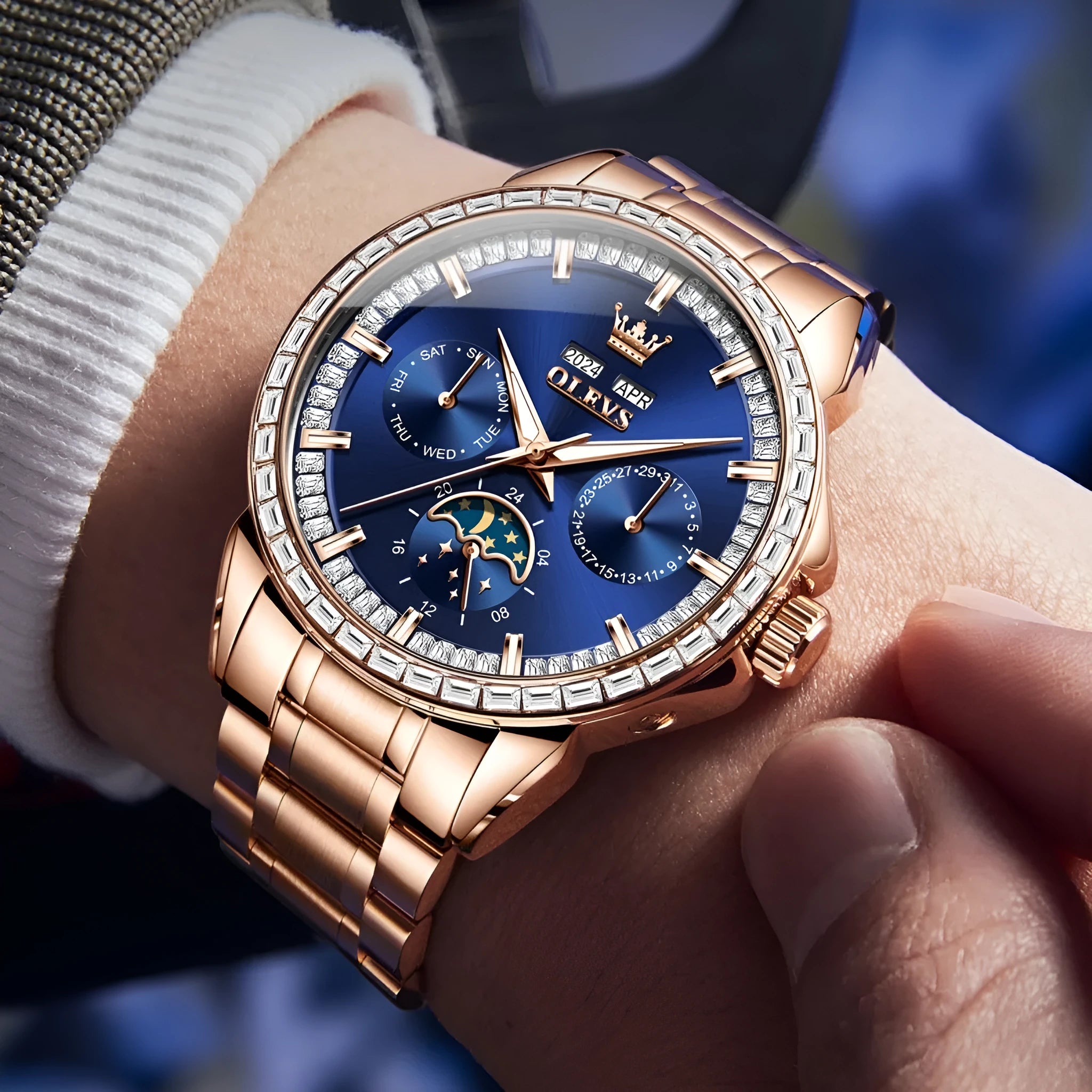 Men's automatic mechanical watch with stainless steel bracelet and transparent case back showing movement