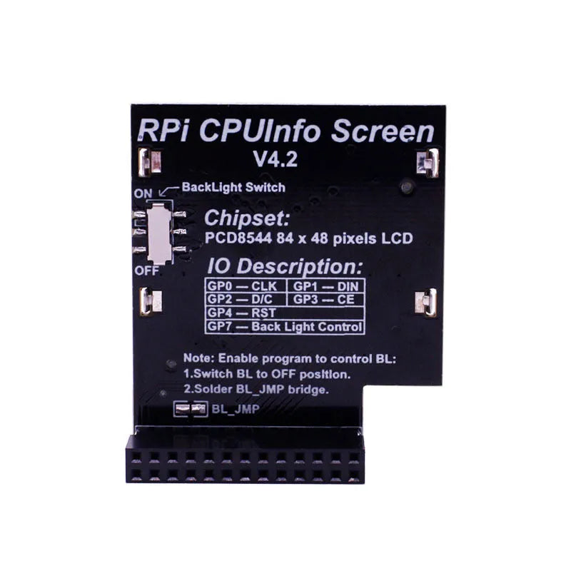 Raspberry Pi 1.6 inch LCD display screen showing CPU information with backlight switch