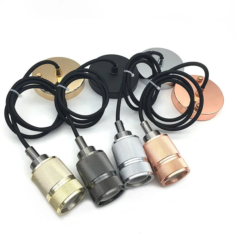 DIY retro chandelier assembly kit with metal lamp holder and braided power cord in chrome, gold, rose gold, and black.