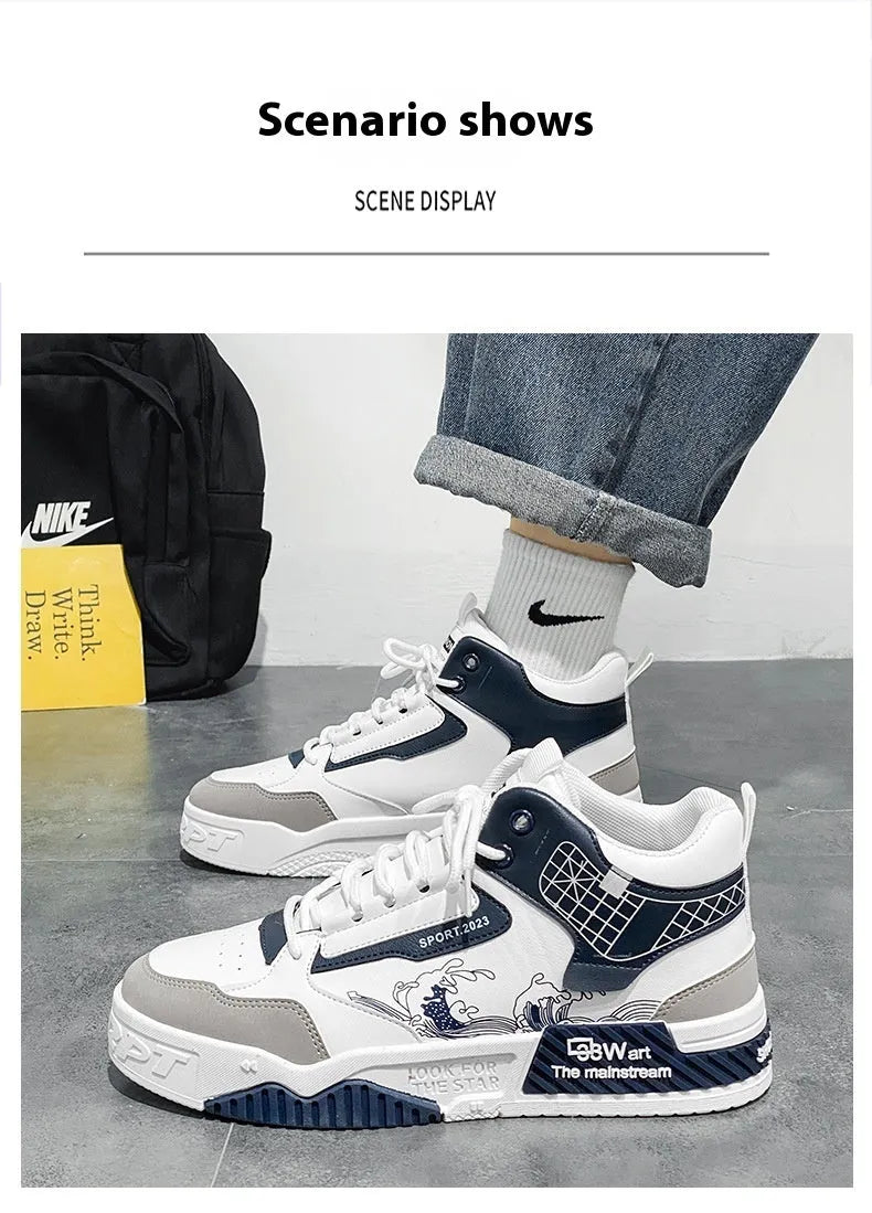 Men's high-top board shoes in beige, white and blue colours with mesh lining and rubber sole