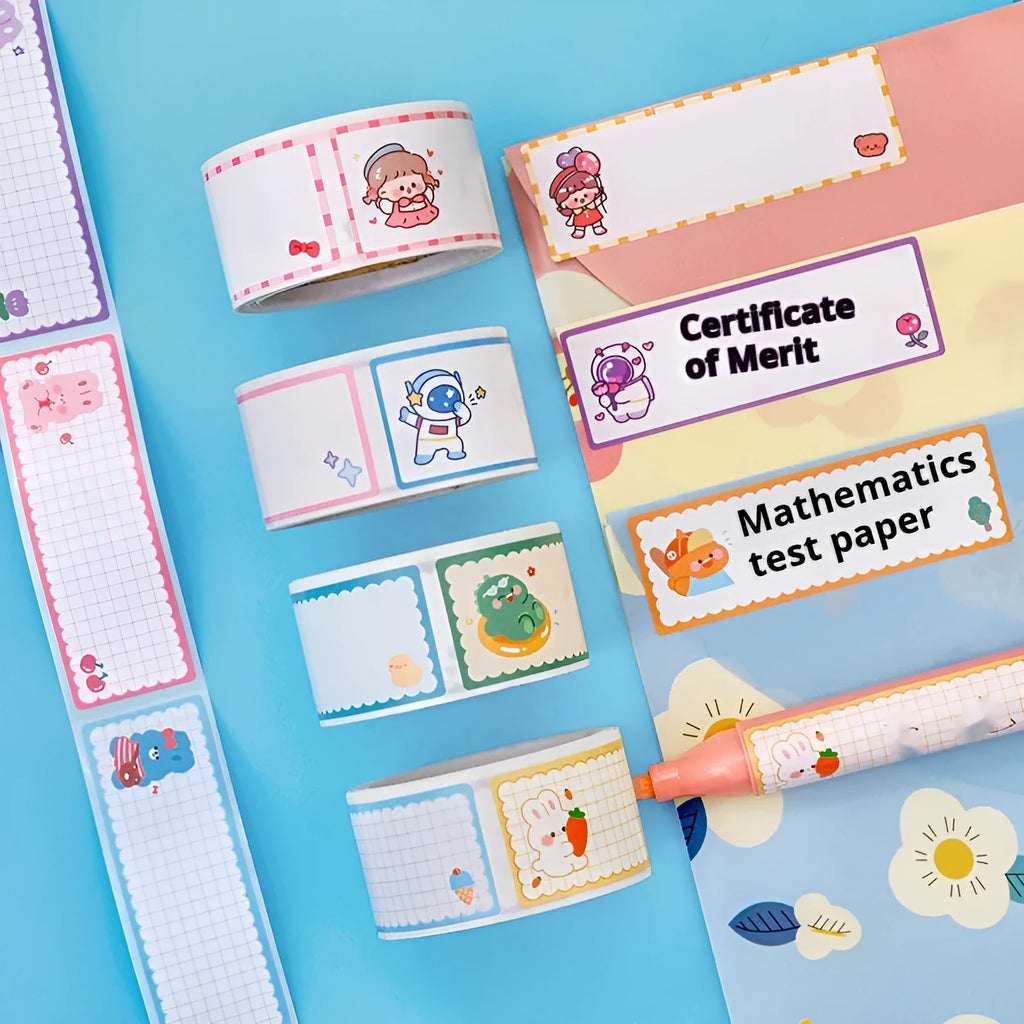 Roll of 60 cartoon name tape stickers showing dinosaur, astronaut, rabbit, and girl design options