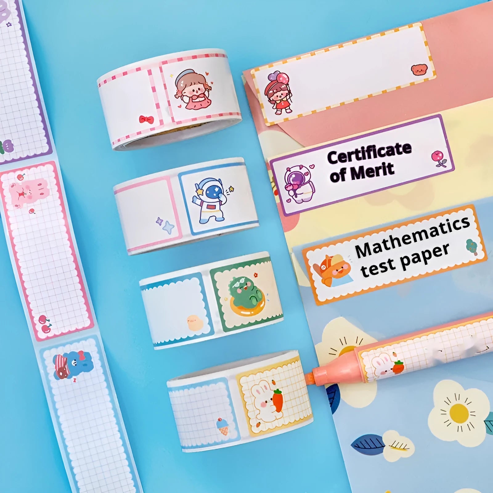 Roll of 60 cartoon name tape stickers showing dinosaur, astronaut, rabbit, and girl design options