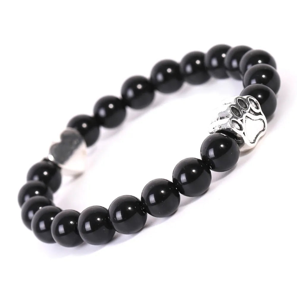 Tigereye and Indian agate stone bead bracelet with dog paw and love heart geometric charms