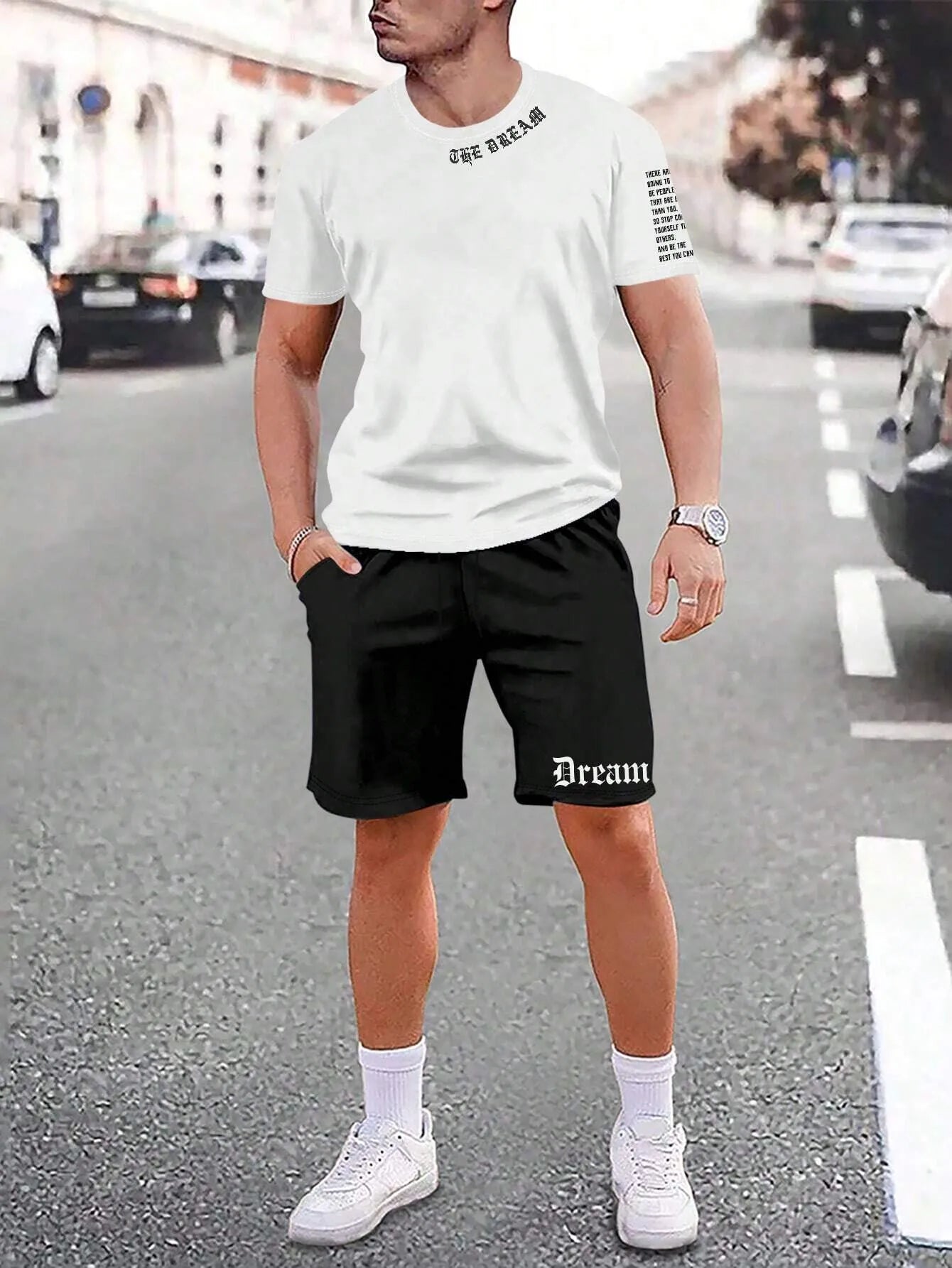 Sports style short-sleeved shirt and matching shorts set in a thin, printed fabric on a mannequin.