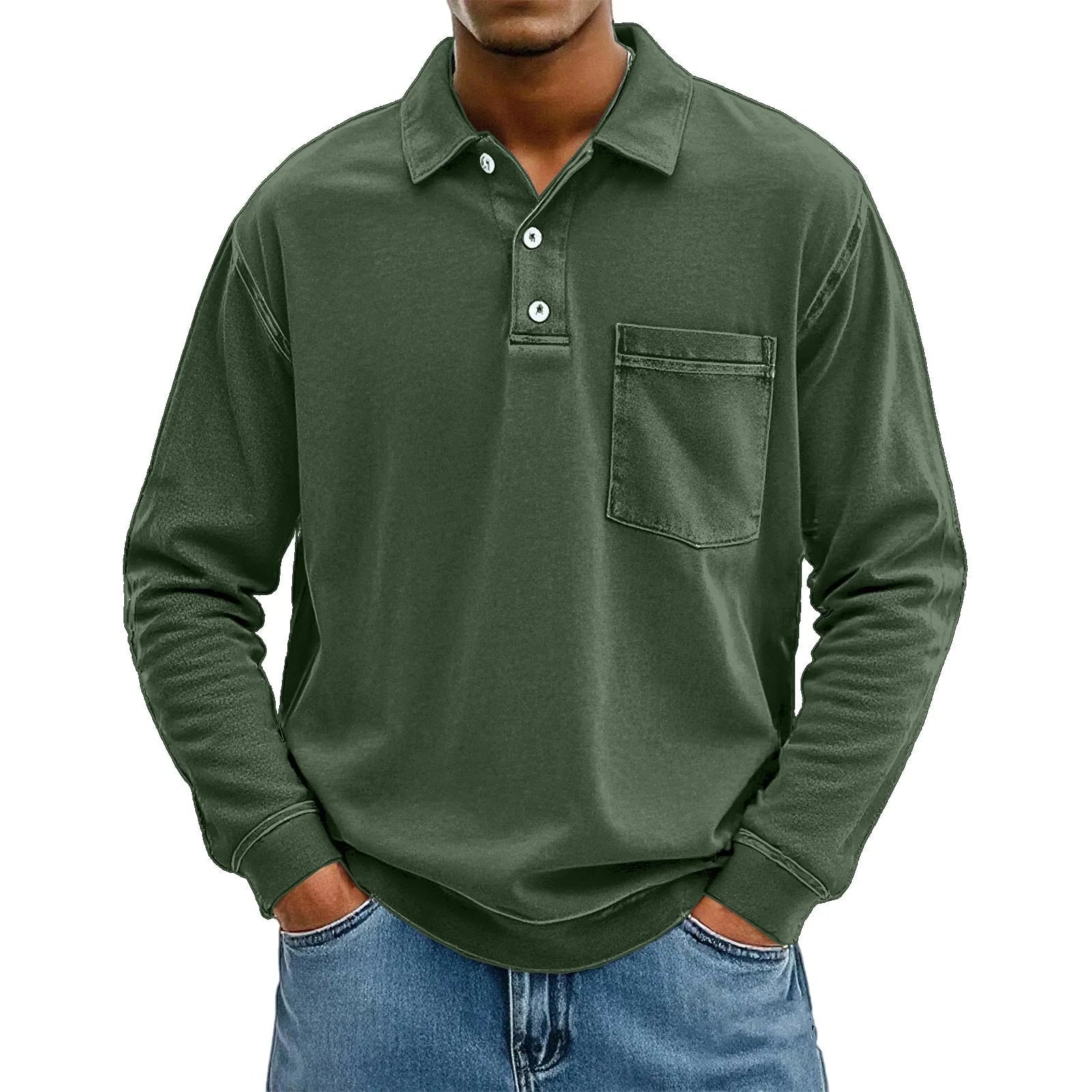 Men's 3D digital print pullover polo shirt with patch pocket in blue, model front view, loose fit polyester top
