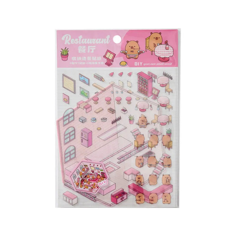 Capabala cut-free cartoon PET decorative sticker sheet in eight colour themes on a 190x125mm sheet.