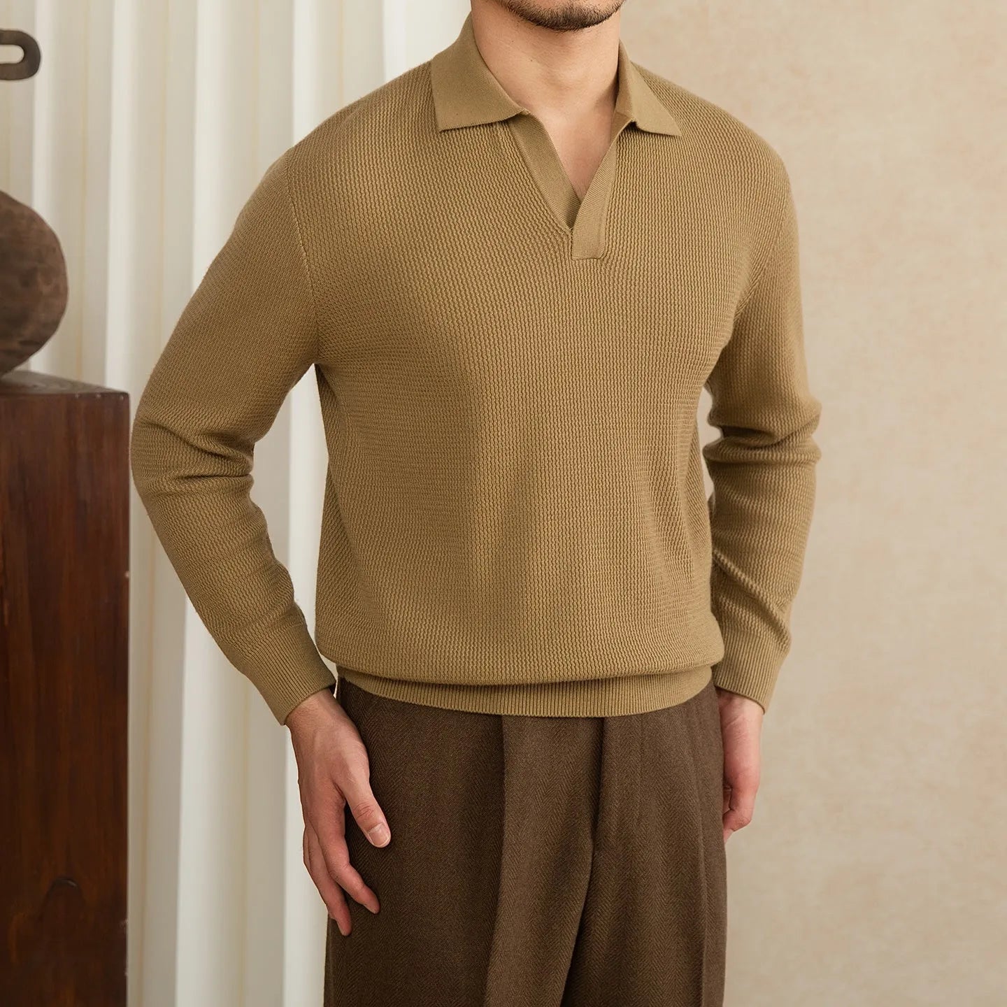 Wool blended slim-fit long-sleeved pullover sweater in Cocoon Brown on a model
