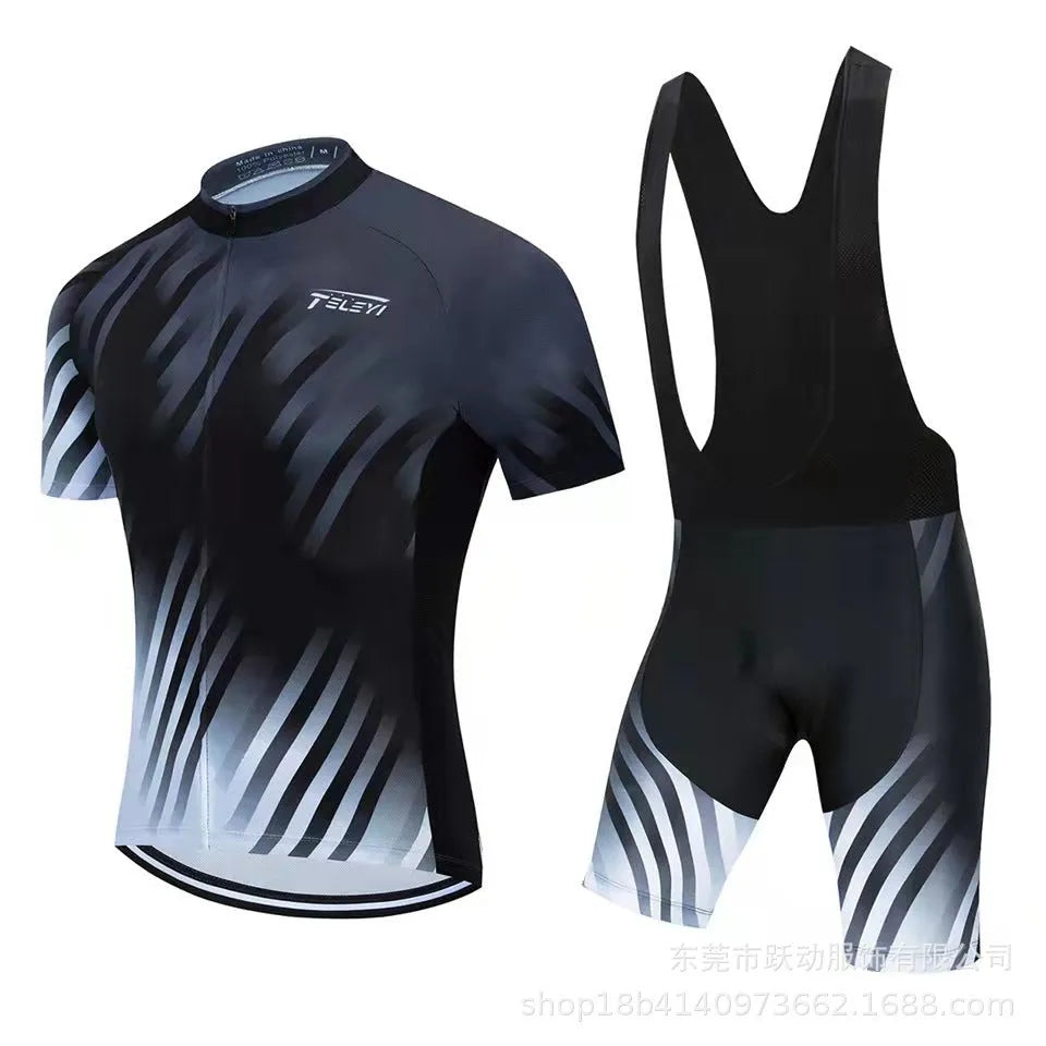 A person wearing a cycling jersey and shorts from a unisex summer cycling set.