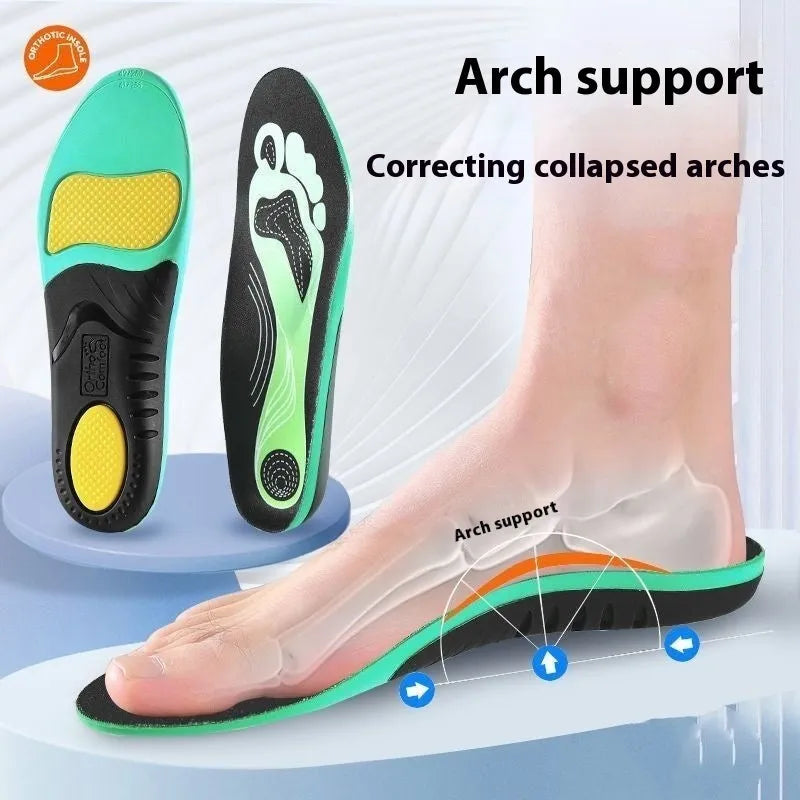 Blue and green flat foot correction insoles made from PU material with arch support design