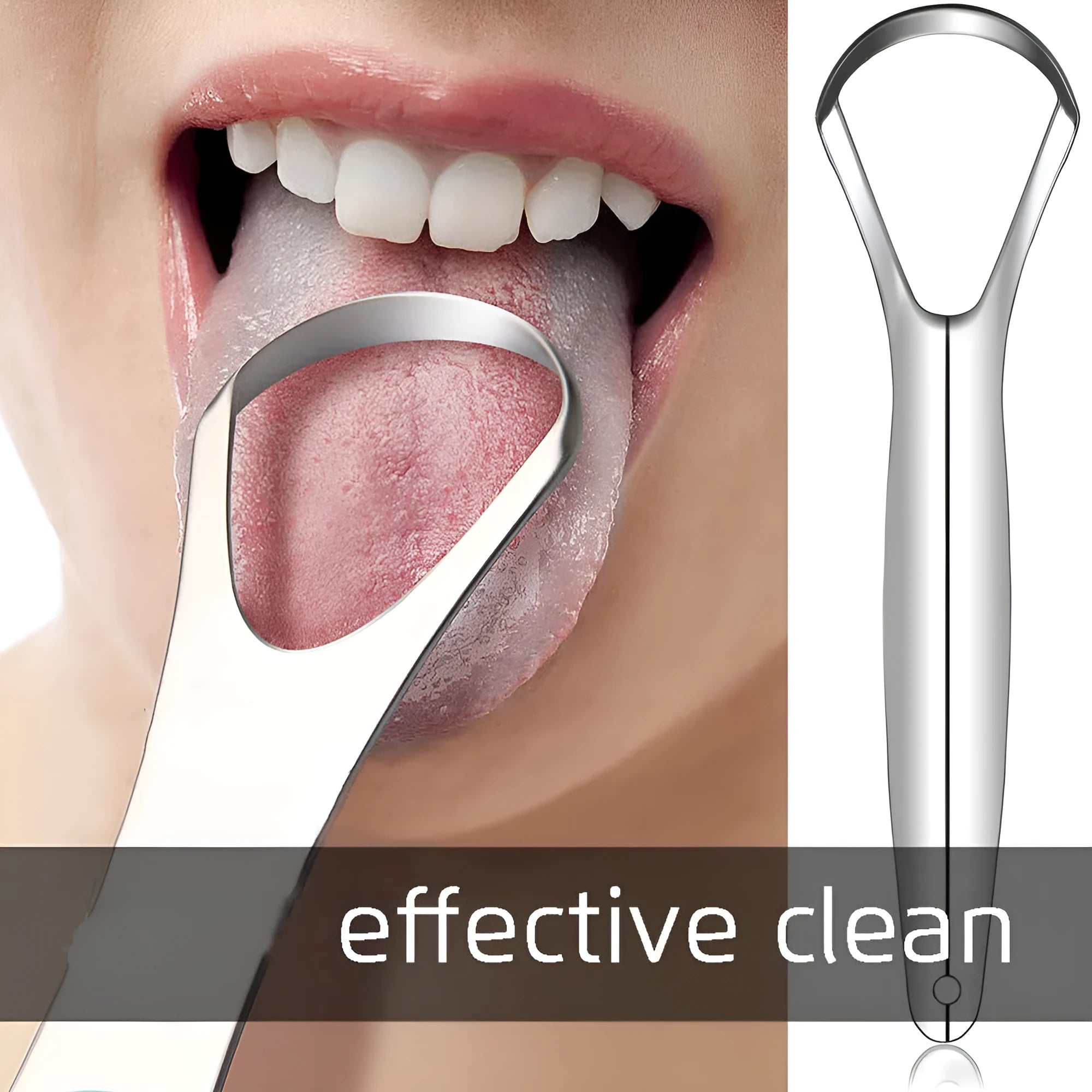 Stainless steel tongue coating cleaner set with large opening and spoon type U-shaped scrapers in pearlescent bags