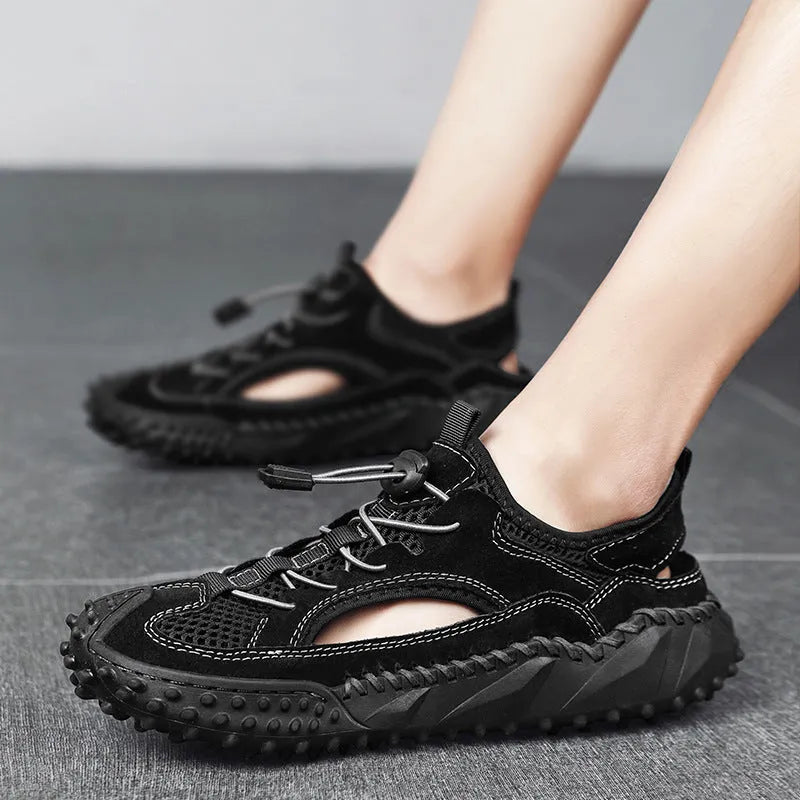 Men's black waterproof casual sports sandals with a leather mesh upper, elastic band, and rubber sole.