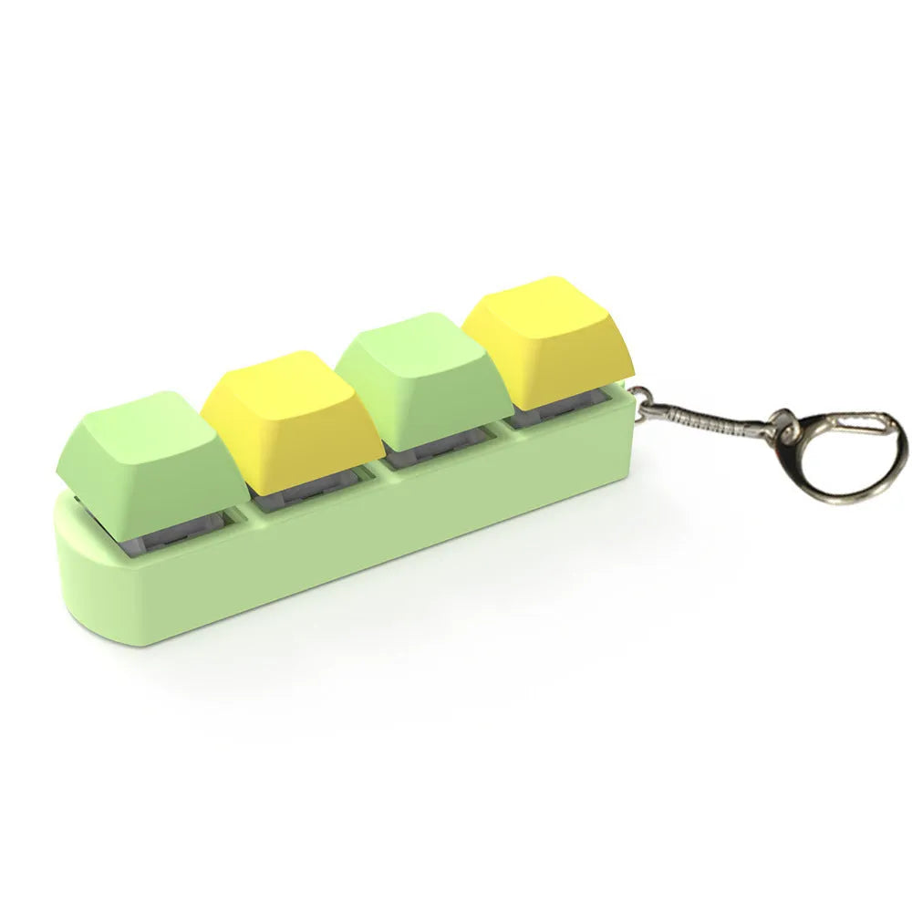 A blue, orange, yellow, and purple 4-key shaft tester fidget toy with a transparent bottom shell.
