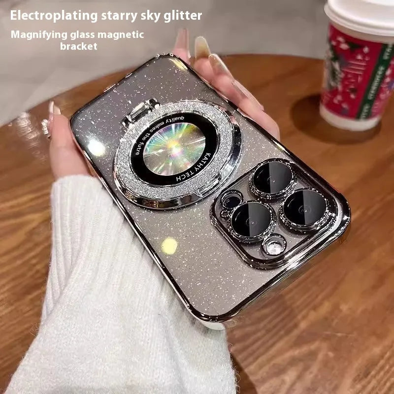 Starry Sky glitter magnetic bracket phone case with lens protector for iPhone, silver gray color