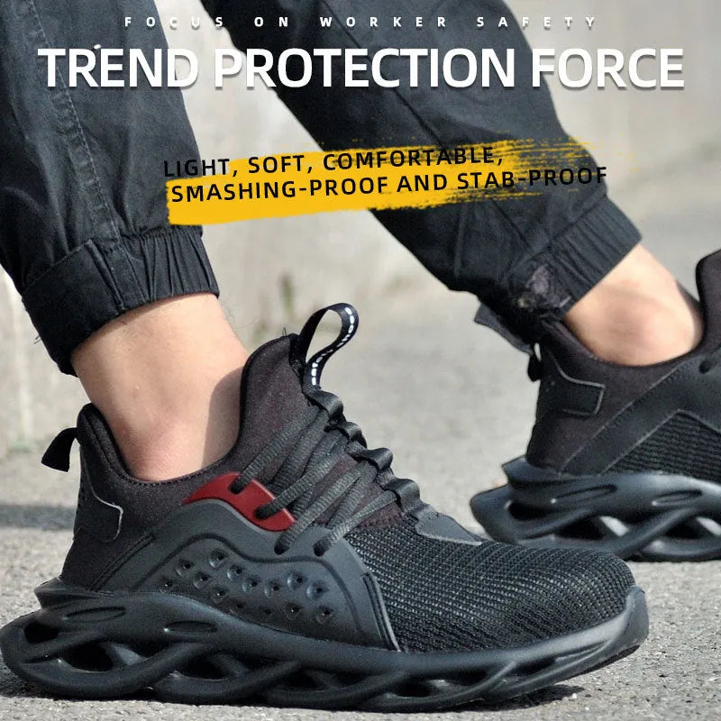 Men's anti-puncture safety sneakers with steel toe, lace up, black, breathable fly woven upper and EVA sole