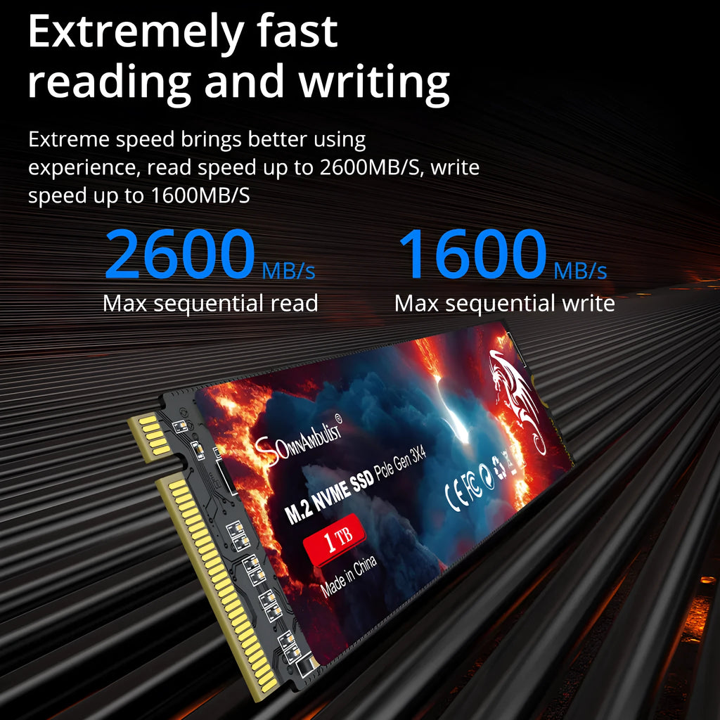 M.2 NVMe Solid State Drive for desktop computers, shown with capacity options from 128GB to 2TB.