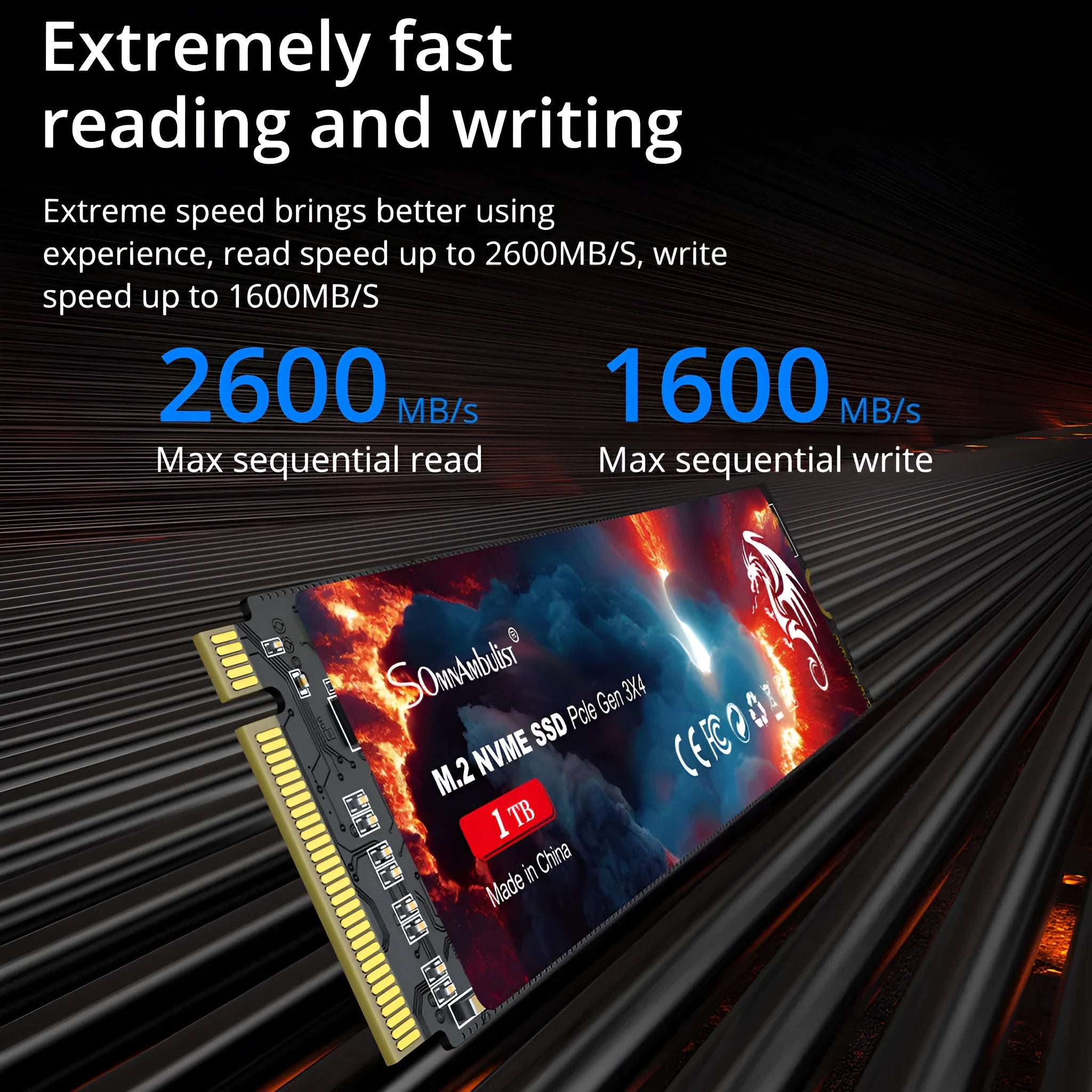 M.2 NVMe Solid State Drive for desktop computers, shown with capacity options from 128GB to 2TB.