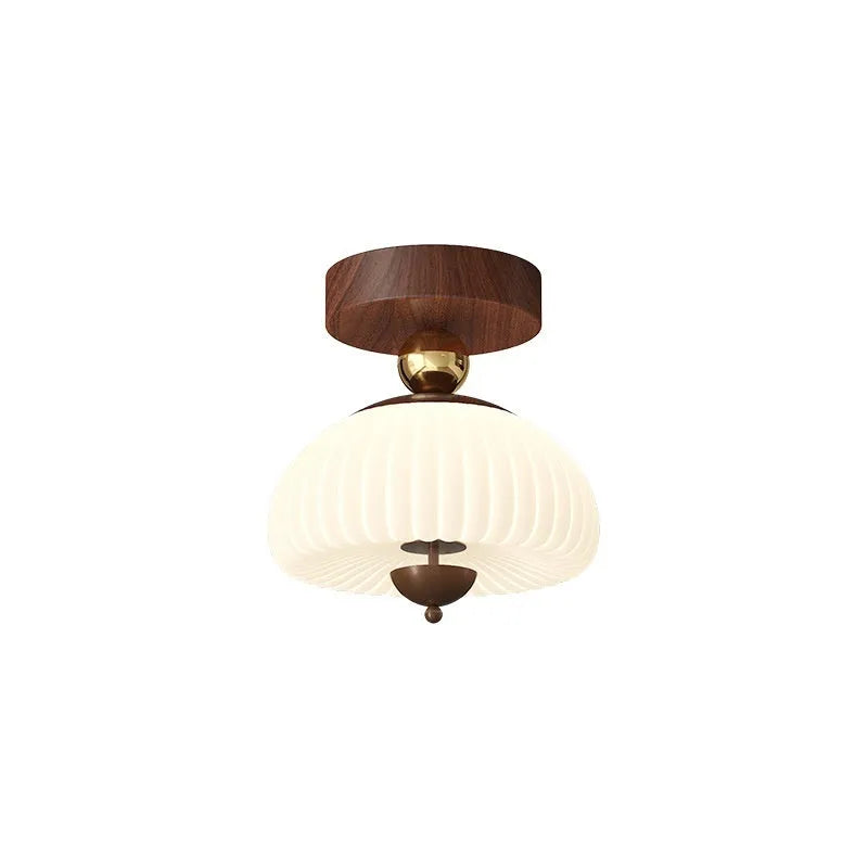 Antique glass ceiling lamp with remote control and tricolour light in wood colour finish for bedroom