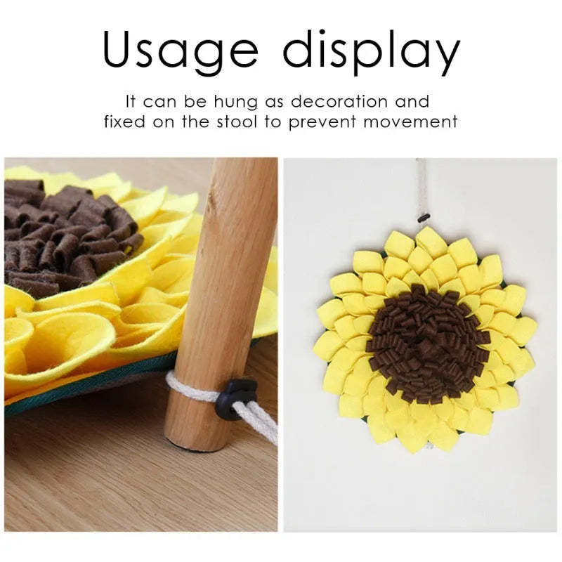 Yellow sunflower-shaped dog snuffle mat with rope and buckle for hanging or fixing