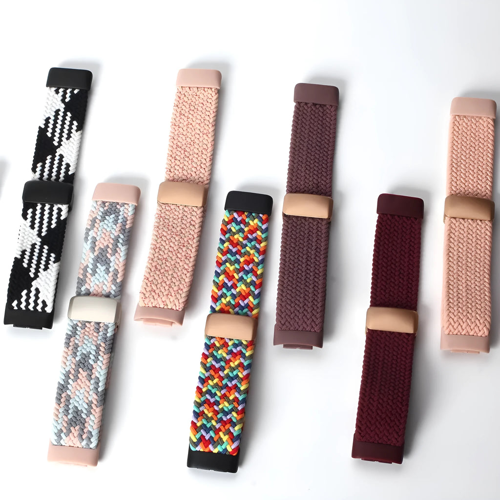 Woven elastic magnetic watch band in black for Fitbit Charge 5 with metal magnetic buckle and nylon strap