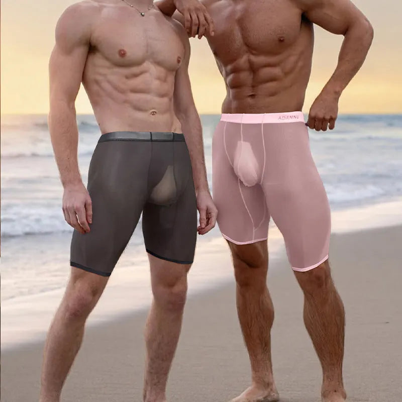 Men's seamless nylon mesh shorts in black, shown laid flat