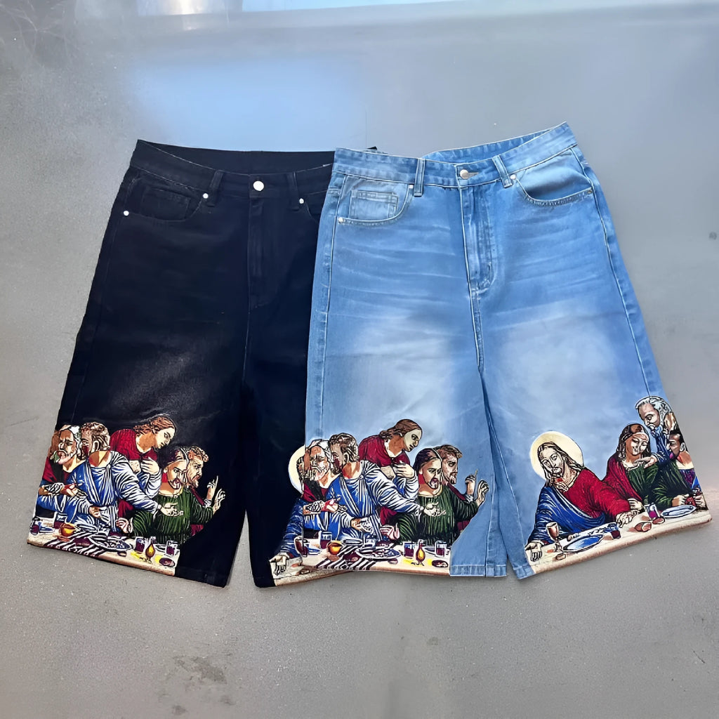 Blue men's tapered cotton shorts with a Jesus print on the back pocket