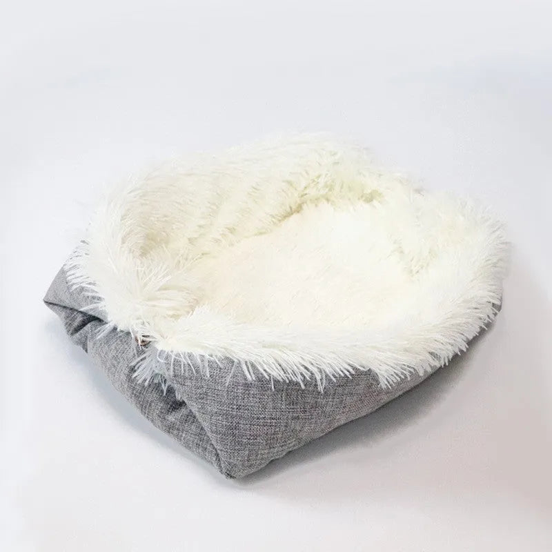 Grey pet warm pad with long plush hair and black non-slip bottom for cats and dogs