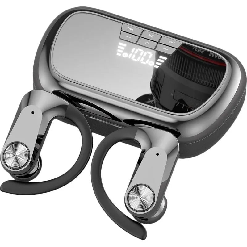 Sports running in-ear headset in black Q2S with ear hook design and digital display
