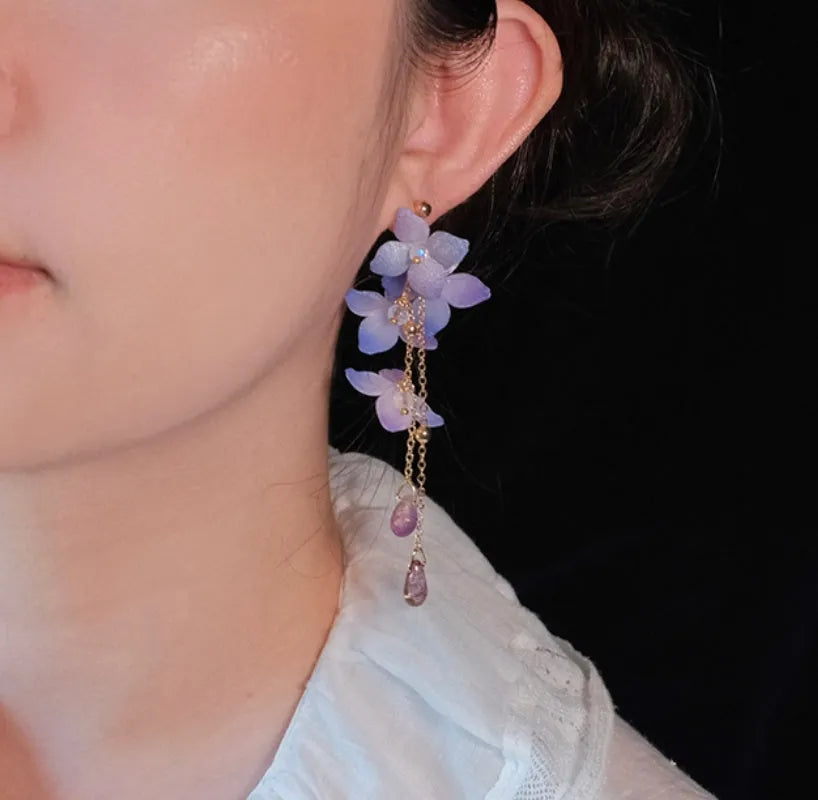 Handmade cold blue purple flower long tassel water drop earrings, gold-plated inlay with artificial gem and semi-precious stone, auricular needle or ear clip style