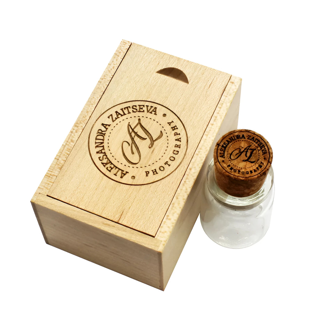 Chocolate brown wooden personalised USB memory stick shaped like a drift bottle, showing custom text engraving.