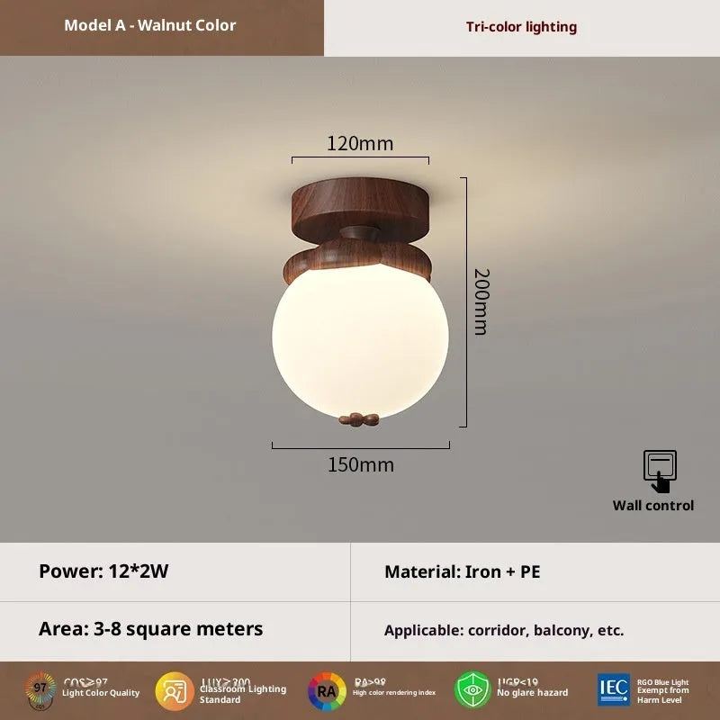 Antique glass ceiling lamp with remote control and tricolour light in wood colour finish for bedroom