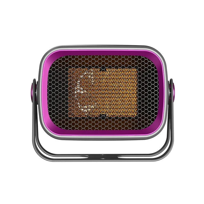 Grey PTC ceramic desktop heater with rotatable base on wooden desk